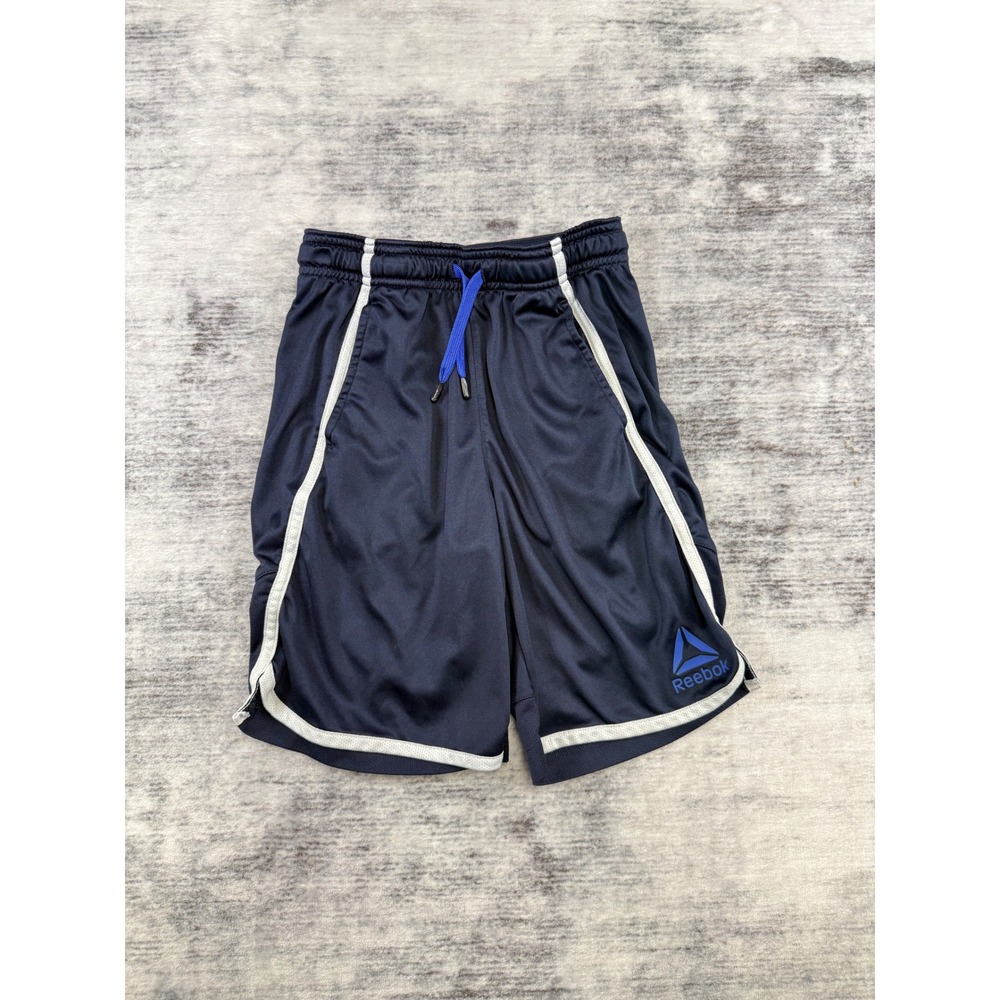 Reebok Boys Navy Blue Athletic Mesh Shorts Size L 10/12 White Piping Drawstring